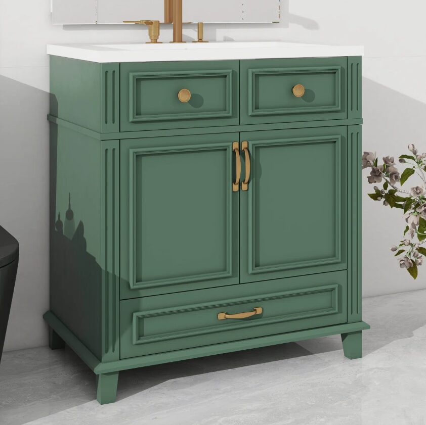 6 30" Farmhouse Sage Green Wood Vanity with Multi Storage for Small Guest Bathrooms