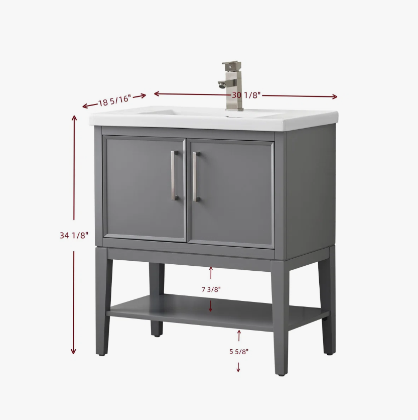 6 30 Inch Grey Freestanding Bathroom Vanity with White Ceramic Sink & Open Storage Shelf