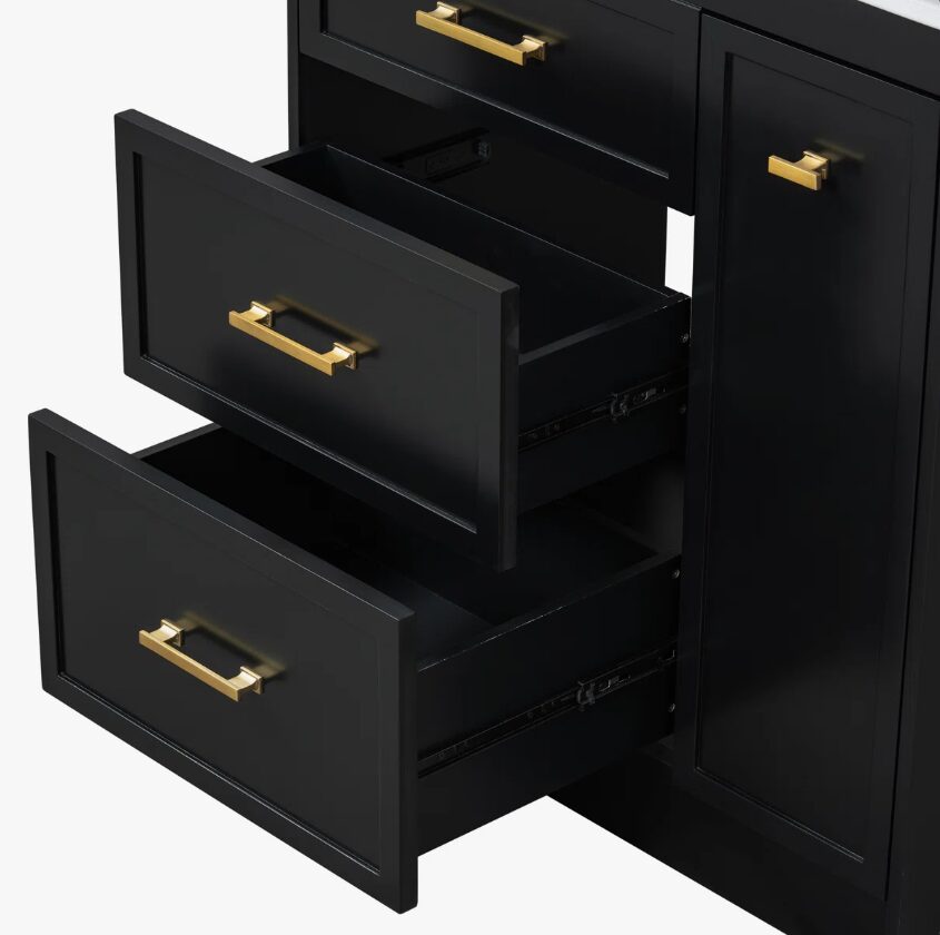 6 30" Black Vanity Cabinet with White Sink & Gold Hardware