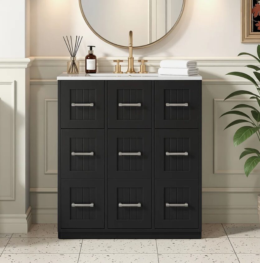 30" Black Vanity with White Sink & 9 Storage Drawers