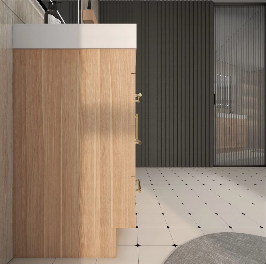 6 36 Inch Light Oak Single Sink Bathroom Vanity Integrated Solid Surface Top Soft Close Drawers & Doors
