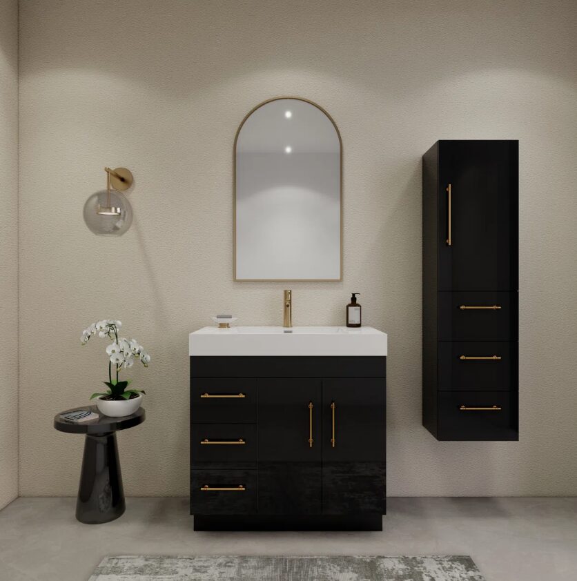36 Inch High Gloss Black Single Sink Bathroom Vanity Solid Surface Top Soft Close Drawers Gold Hardware