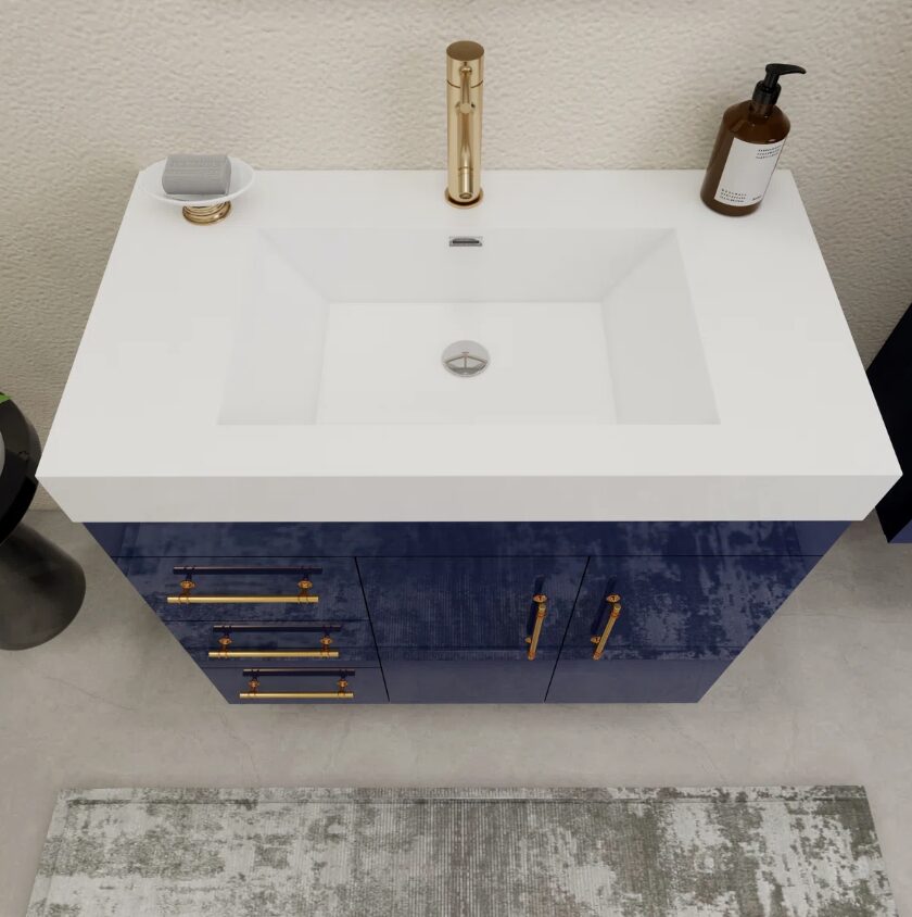 6 Contemporary Glossy Blue Vanity Cabinet with Brushed Gold Pulls for Modern Bathroom Renovation