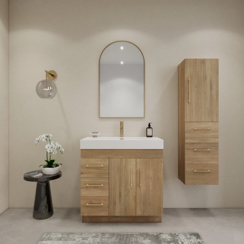 6 Modern Freestanding Oak Bathroom Vanity with 3 Drawers & Double Storage Doors