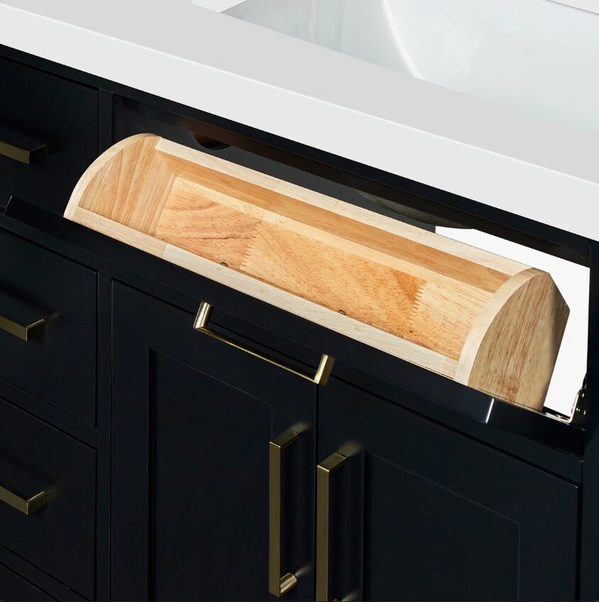 6 36 Inch Matte Black Single Sink Bathroom Vanity White Quartz Top Soft Close Drawers Brushed Gold Hardware