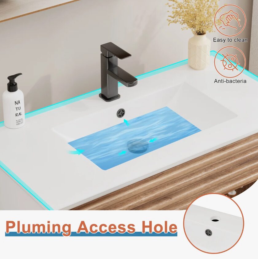 6 36 Inch 3D Fluted Wood Bathroom Vanity with Integrated White Sink Soft Close Doors
