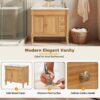 36 Inch Natural Solid Wood Farmhouse Single Sink Bathroom Vanity with Ceramic Sink & Gold Knobs