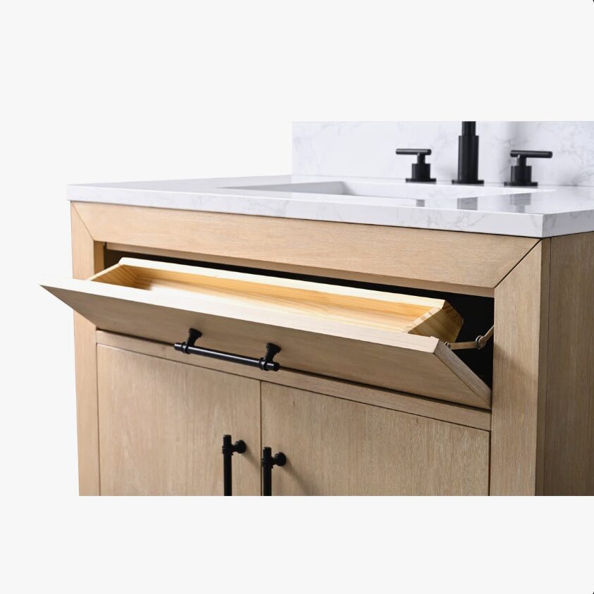 6 36 Inch Light Oak Single Sink Bathroom Vanity White Marble Countertop Soft Close Doors