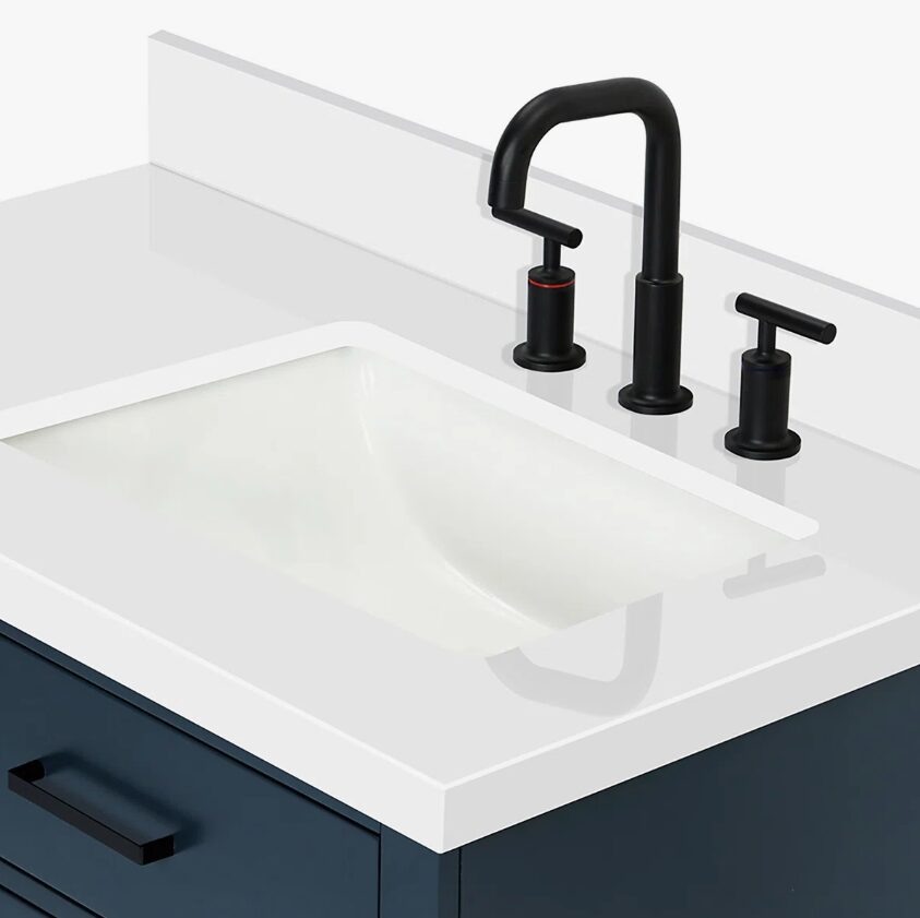 6 36 Inch Navy Blue Shaker Single Sink Bathroom Vanity White Quartz Top Soft Close Drawers Matte Black Hardware