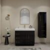 Modern High Gloss Black Bathroom Vanity with Integrated White Solid Surface Sink Top