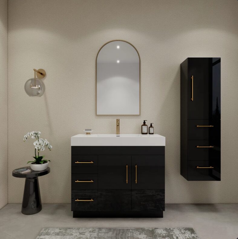 Modern High Gloss Black Bathroom Vanity with Integrated White Solid Surface Sink Top