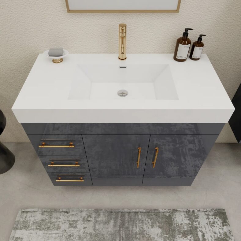 6 Modern High Gloss Gray Bathroom Vanity with Integrated White Solid Surface Sink Top