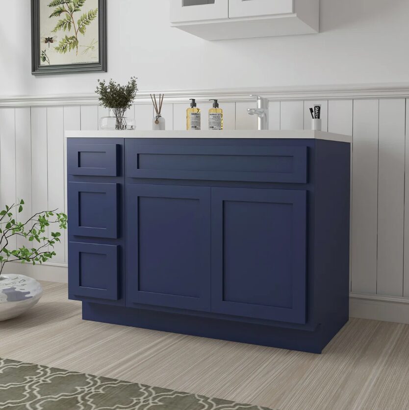 Modern Navy Blue Shaker Vanity Base Cabinet for Custom Quartz Countertop Bathroom Remodel