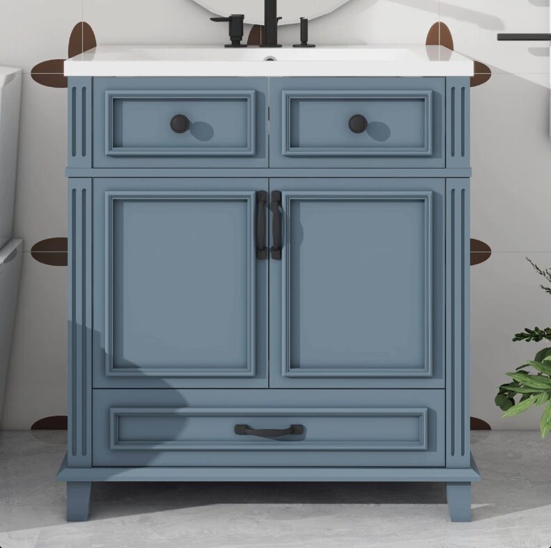 6 Freestanding Traditional Blue Wood Bathroom Vanity with White Integrated Sink Top