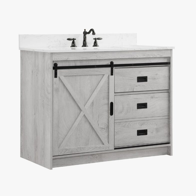 6 Light Gray Farmhouse Vanity with Cross Barn Door for Coastal, Modern Farm & Industrial Bath Remodel