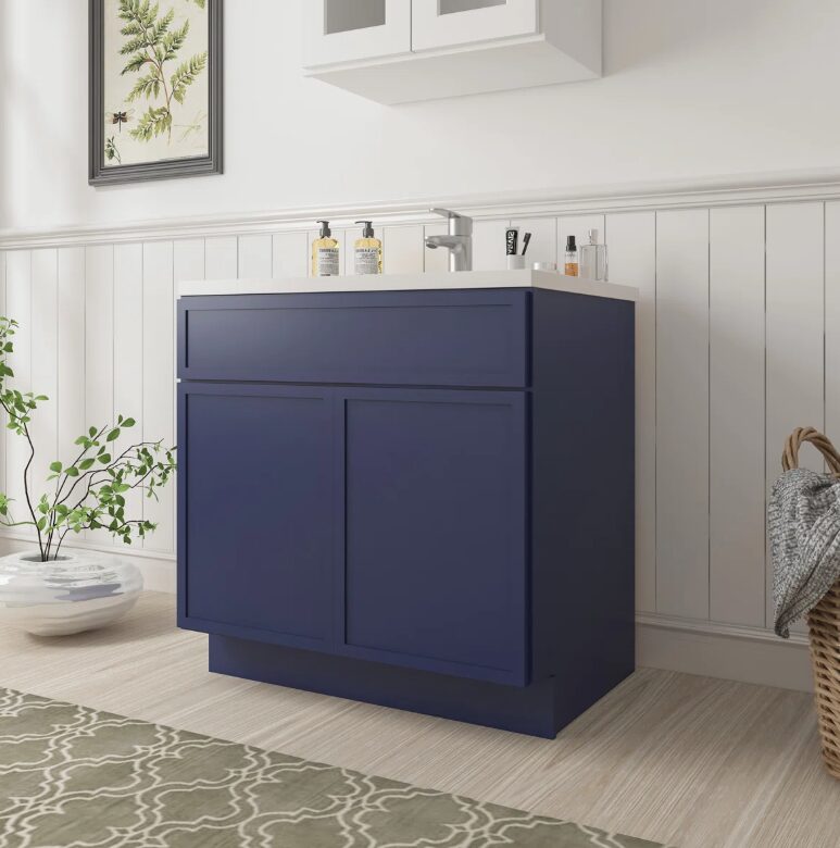 Modern Navy Shaker Vanity Base Cabinet for Custom Countertop Bathroom Remodel Projects