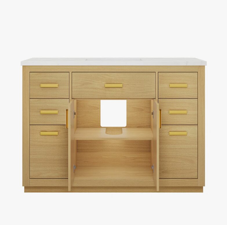 48 Inch Natural Oak Herringbone Bathroom Vanity Cabinet, 9 Storage Drawers & Soft Close Doors, Marble Countertop Undermount Sink Combo