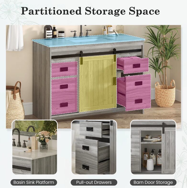 6 48" Grey Wood Farmhouse Bathroom Vanity with Single Sink Top for Master Bath Remodel