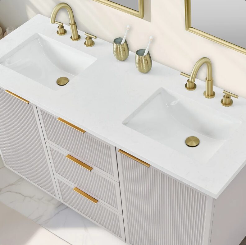 60 Inch Fluted Light Gray Double Undermount Sink Bathroom Vanity, White Quartz Countertop & Brushed Gold Hardware