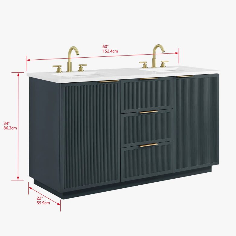 6 60 Inch Dark Navy Fluted Double Undermount Sink Bathroom Vanity, White Quartz Countertop & Brushed Gold Hardware