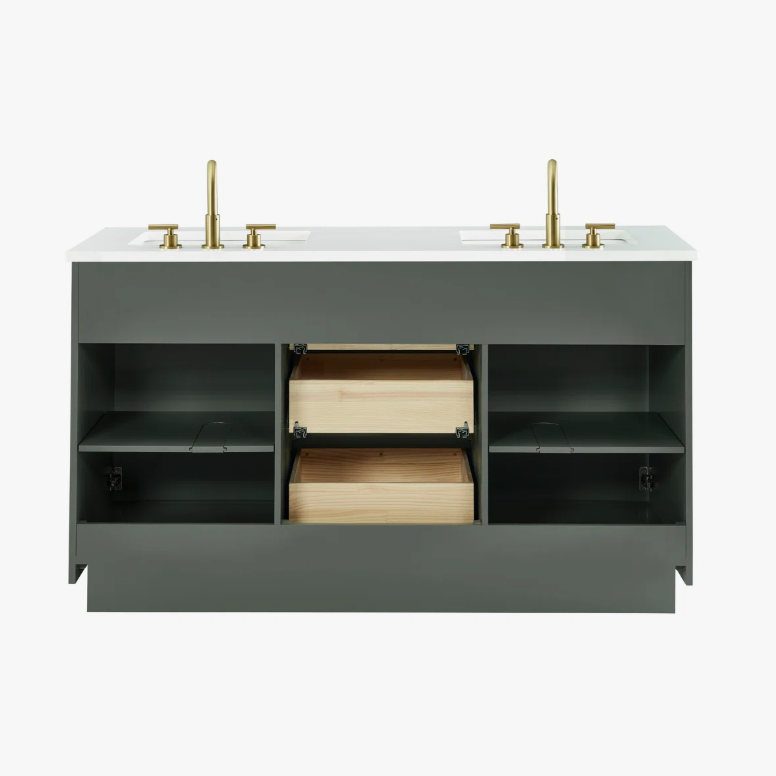 6 60 Inch Sage Green Fluted Double Undermount Sink Bathroom Vanity, White Quartz Countertop & Brushed Gold Hardware