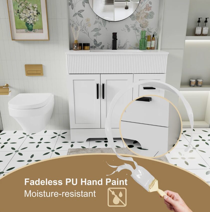 Modern White Bathroom Vanity with Soft Close Drawers & Doors