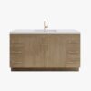 60 Inch Natural Oak Freestanding Single Undermount Sink Bathroom Vanity, White Quartz Top & Brushed Gold Hardware