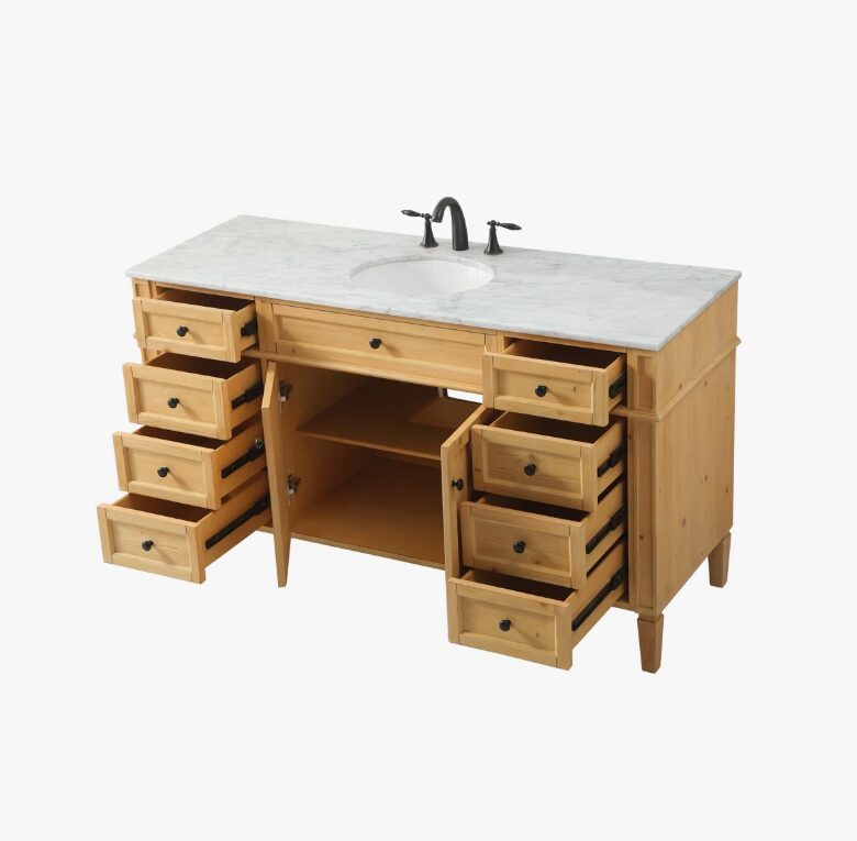 60 Inch Natural Pine Single Undermount Sink Bathroom Vanity, Carrara Marble Countertop & Matte Black Knobs