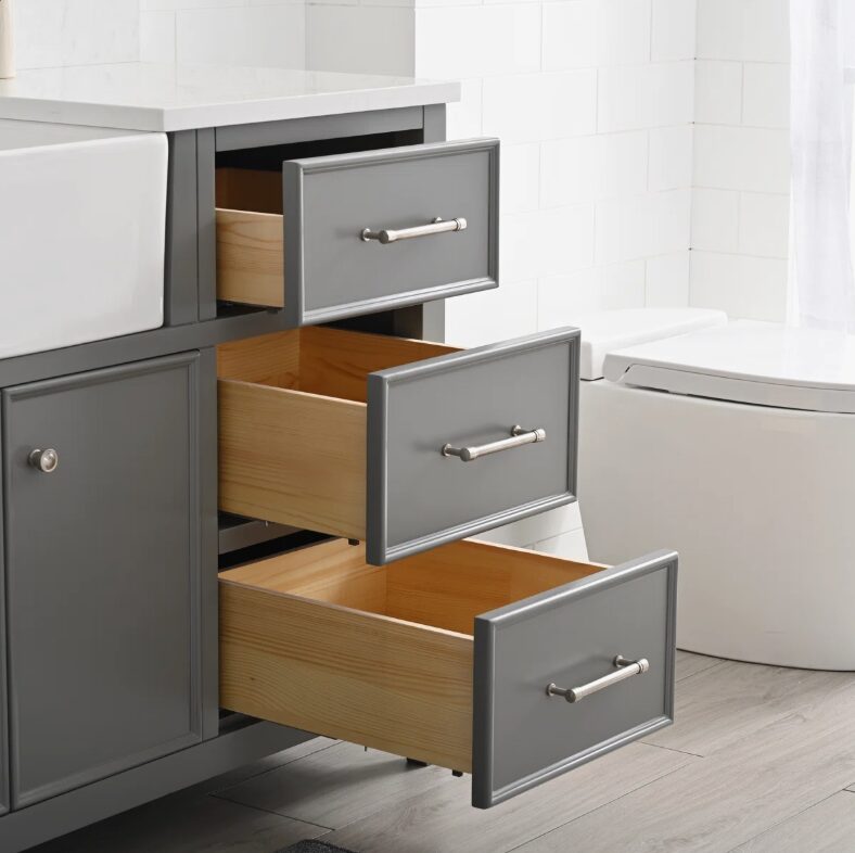 60 Inch Grey Farmhouse Single Apron Front Farm Sink Bathroom Vanity, White Quartz Countertop & Brushed Nickel Hardware