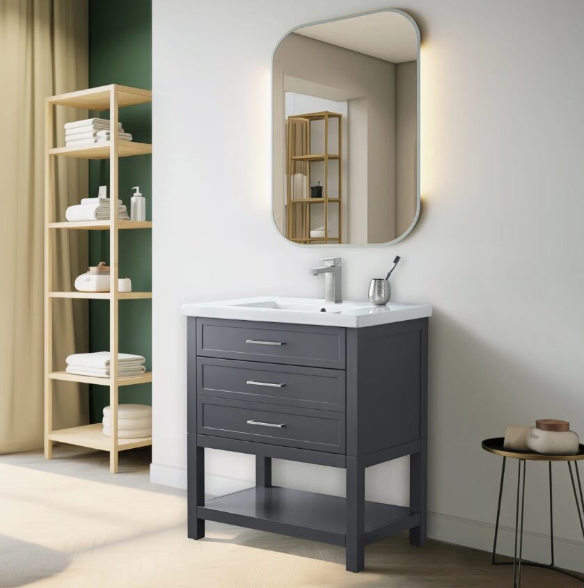 6 Minimalist Dark Grey All-in-One Bathroom Vanity Cabinet with Open Storage