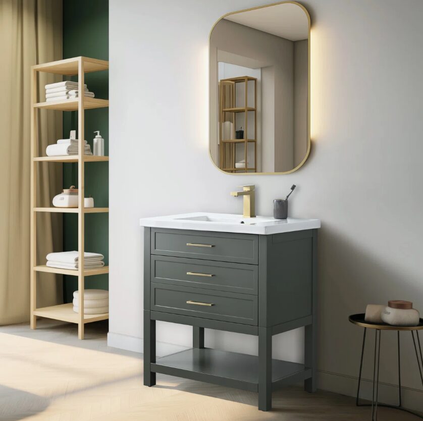 Minimalist Dark Sage All-in-One Bathroom Vanity with Integrated Ceramic Sink
