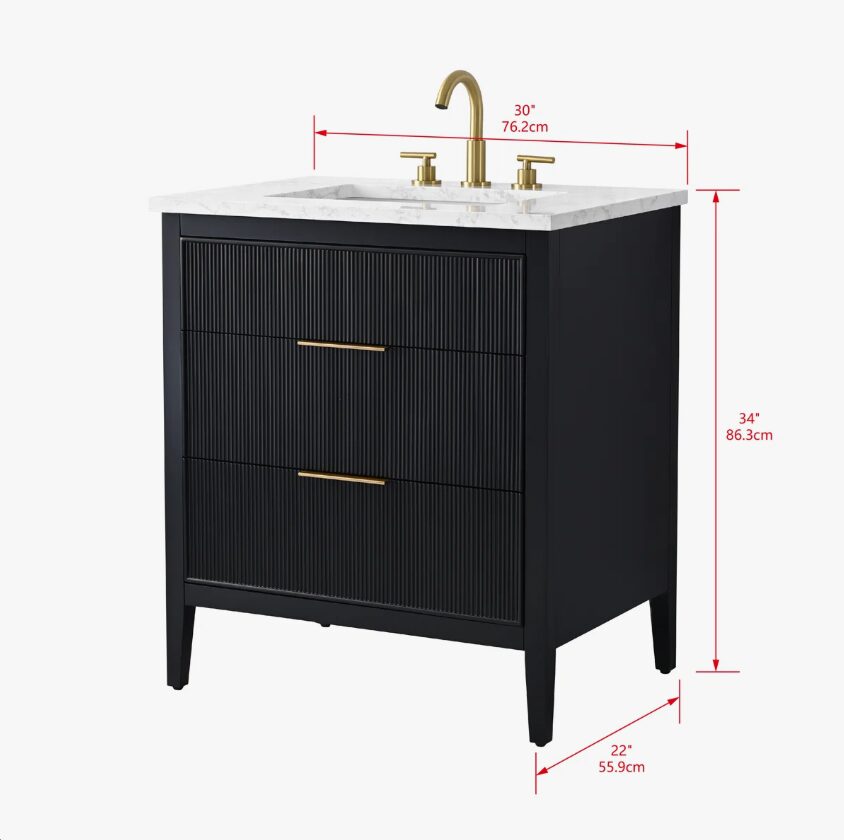 Modern Fluted Bathroom Vanity with Gold Handles & Marble Top
