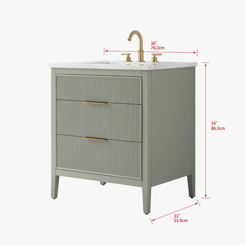 6 Soft Sage Reeded Bathroom Vanity with Brushed Gold Hardware