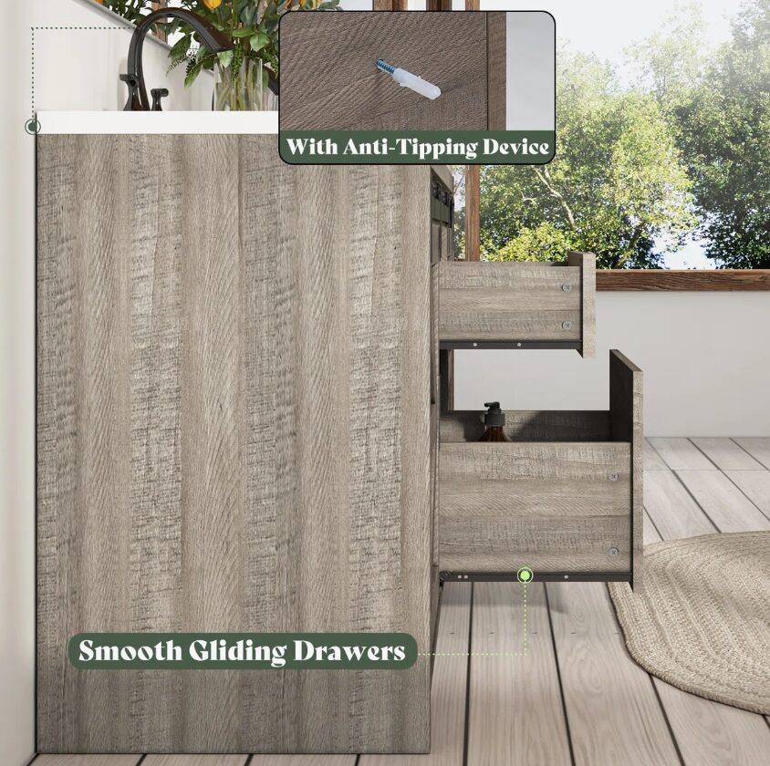 7 Rustic Grey Wood Double Vanity Cabinet with Storage Drawers