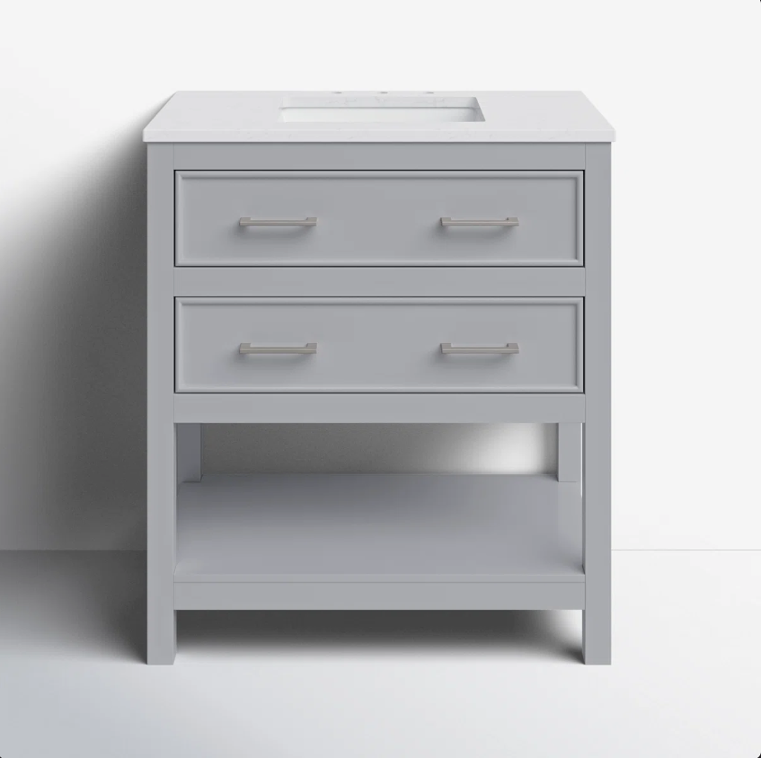 7 Light Gray Open Shelf Bathroom Vanity with White Quartz Countertop