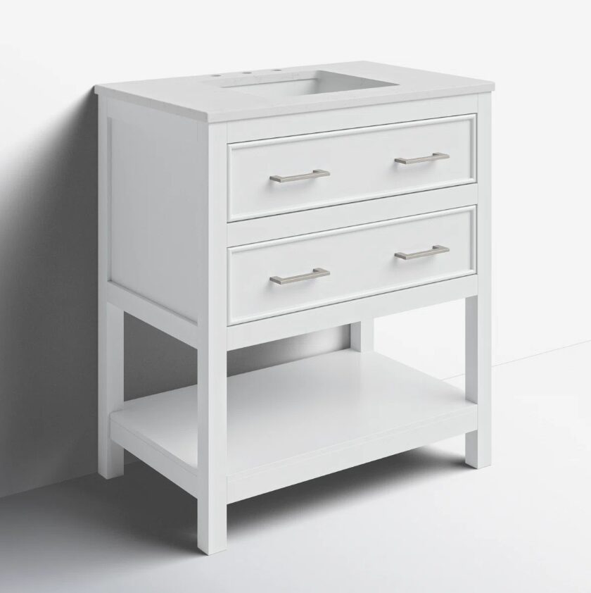 White Open Shelf Bathroom Vanity with White Quartz Countertop