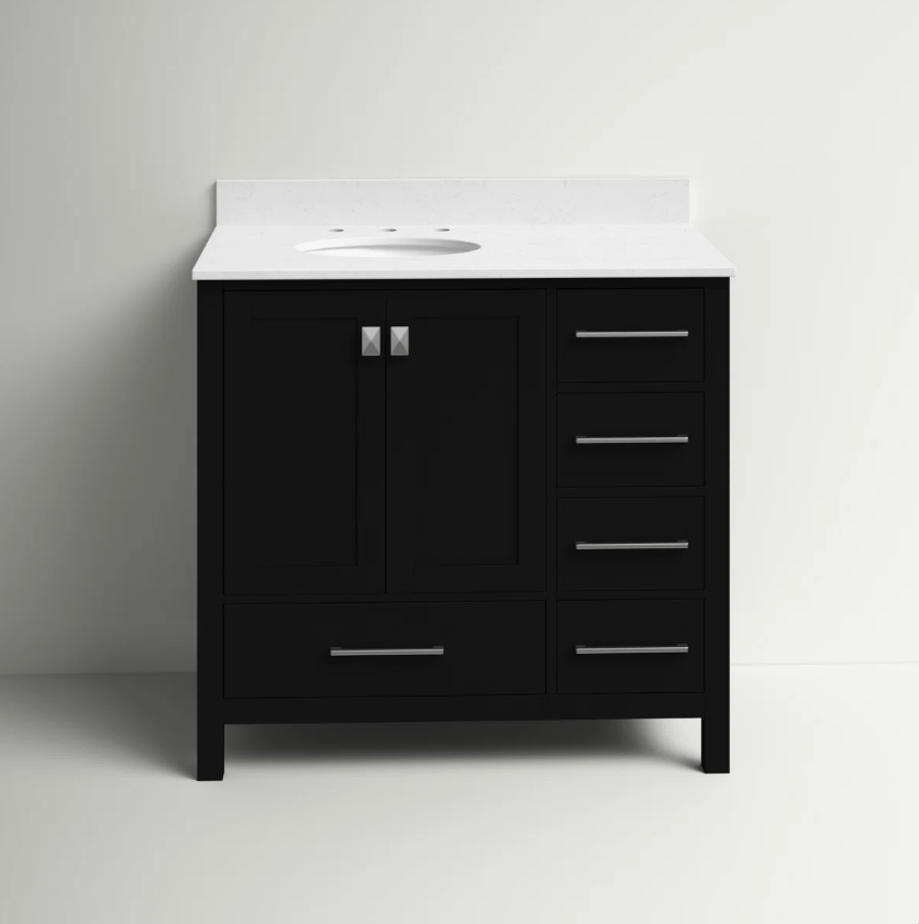 Modern Single Sink Black Bathroom Vanity Cabinet with Silver Hardware