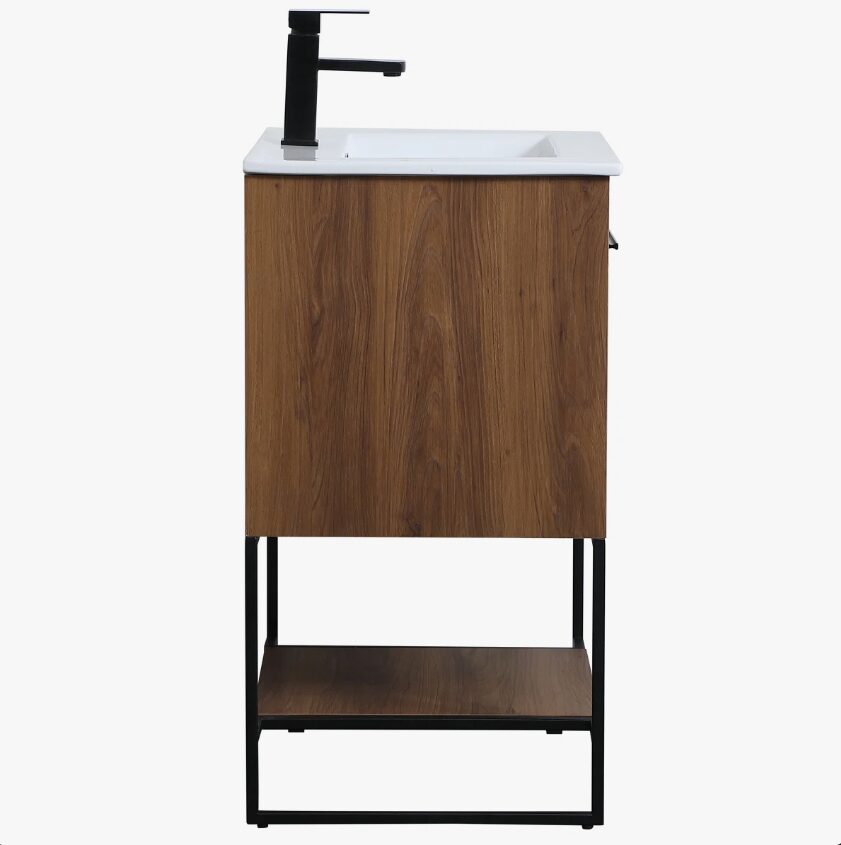 7 24 Inch Walnut Wood Industrial Freestanding Bathroom Vanity with Black Metal Frame
