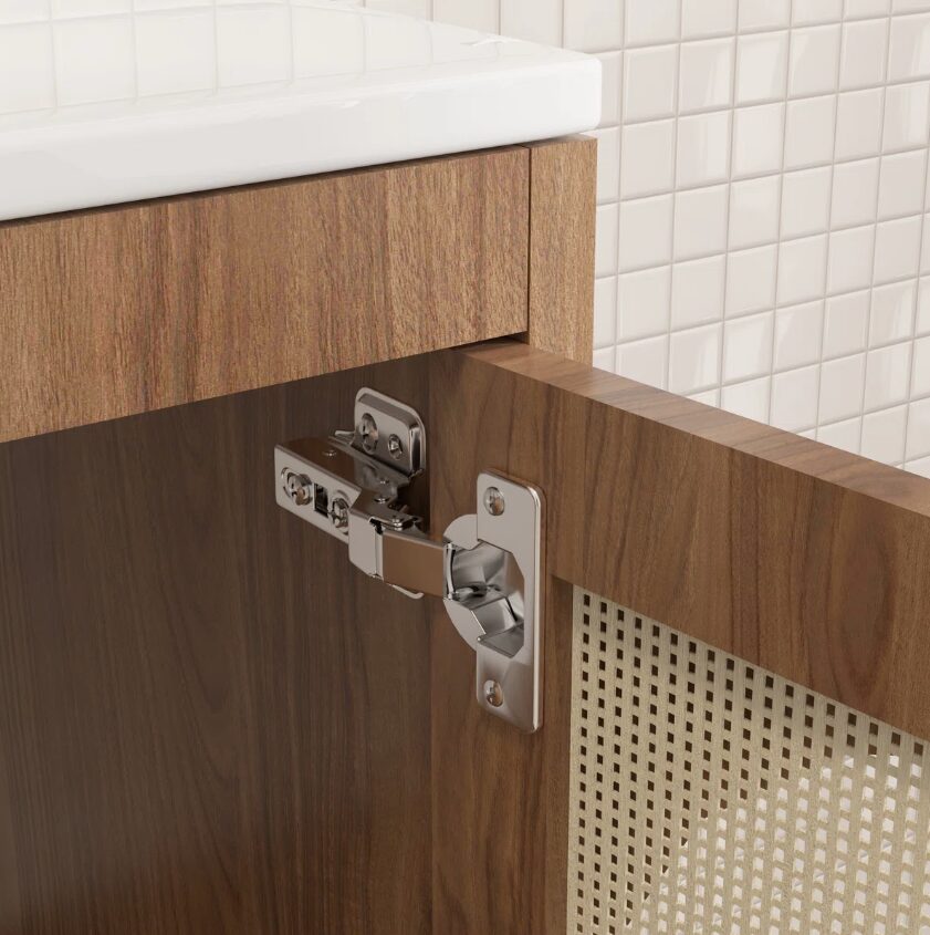 7 30 Inch Walnut Mid-Century Rattan Single Sink Bathroom Vanity with Gold Knobs