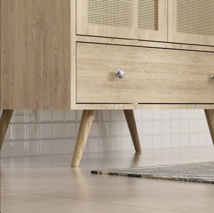7 Arched Rattan Door Mid-Century Modern Bathroom Vanity Cabinet