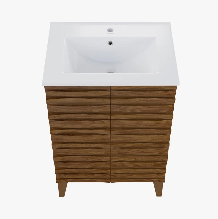 Contemporary Horizontal Slat Wood Bathroom Vanity with Integrated Sink