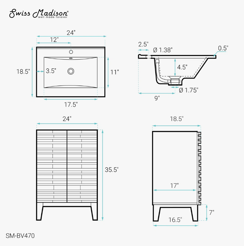 7 Handleless Slat Front Modern Light Wood Single Sink Vanity Cabinet