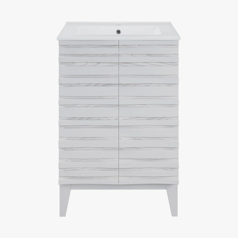 7 24 Inch White Cascade Slatted Mid-Century Freestanding Single Sink Bathroom Vanity