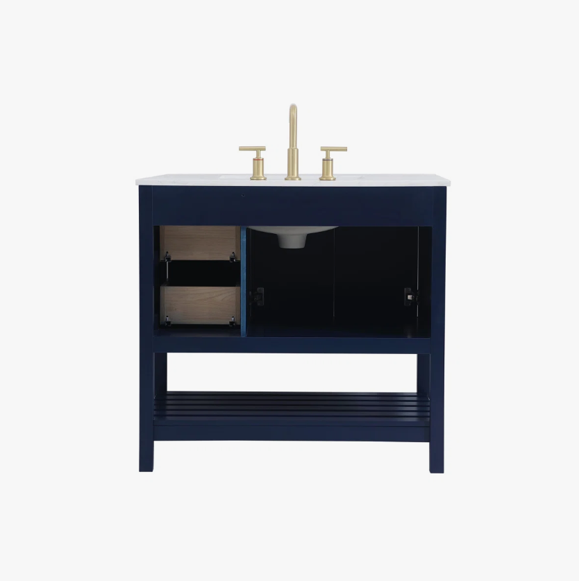 36 Inch Navy Blue Shaker Farmhouse Bathroom Vanity with Marble Top & Slatted Shelf