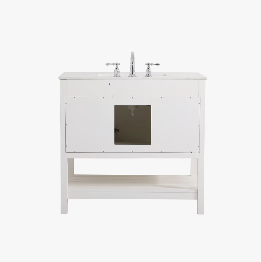 7 36 Inch White Shaker Farmhouse Freestanding Bathroom Vanity with Marble Top & Slatted Shelf