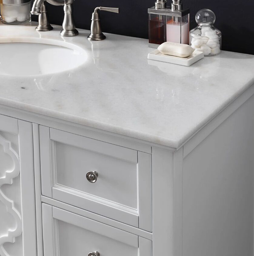 Freestanding White Single Sink Vanity with Decorative Cutout Cabinet Doors