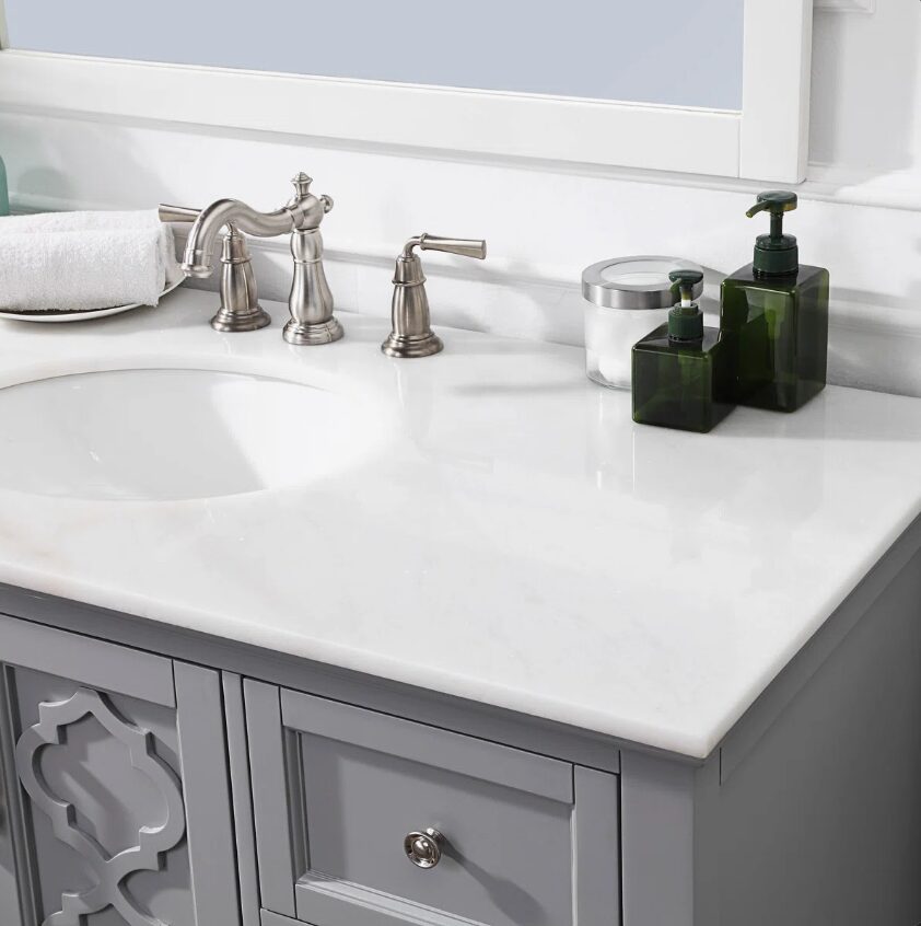 7 Transitional Gray Freestanding Single Sink Vanity with Decorative Cutout Cabinet Doors