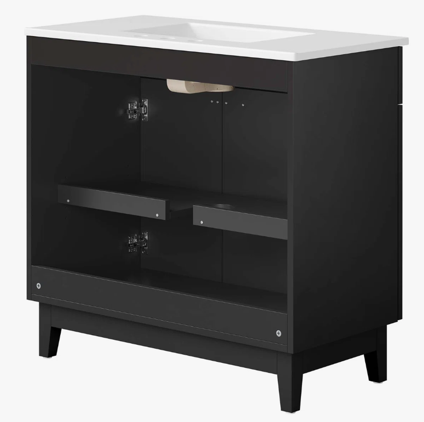 7 36 Inch Matte Black Modern Freestanding Bathroom Vanity with White Ceramic Sink & Geometric Handles