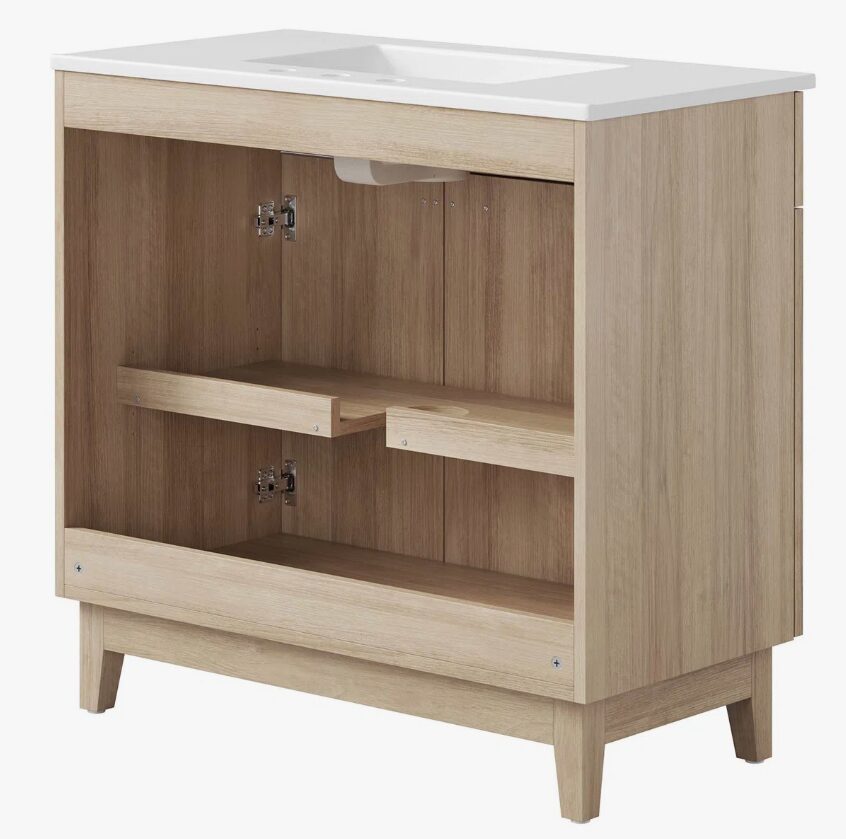 Minimalist Oak Single Sink Vanity Cabinet with 2 Doors & 2 Top Storage Drawers