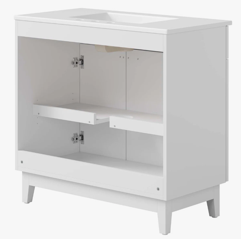 Minimalist White Single Sink Vanity Cabinet with 2 Doors & Dual Top Storage Drawers
